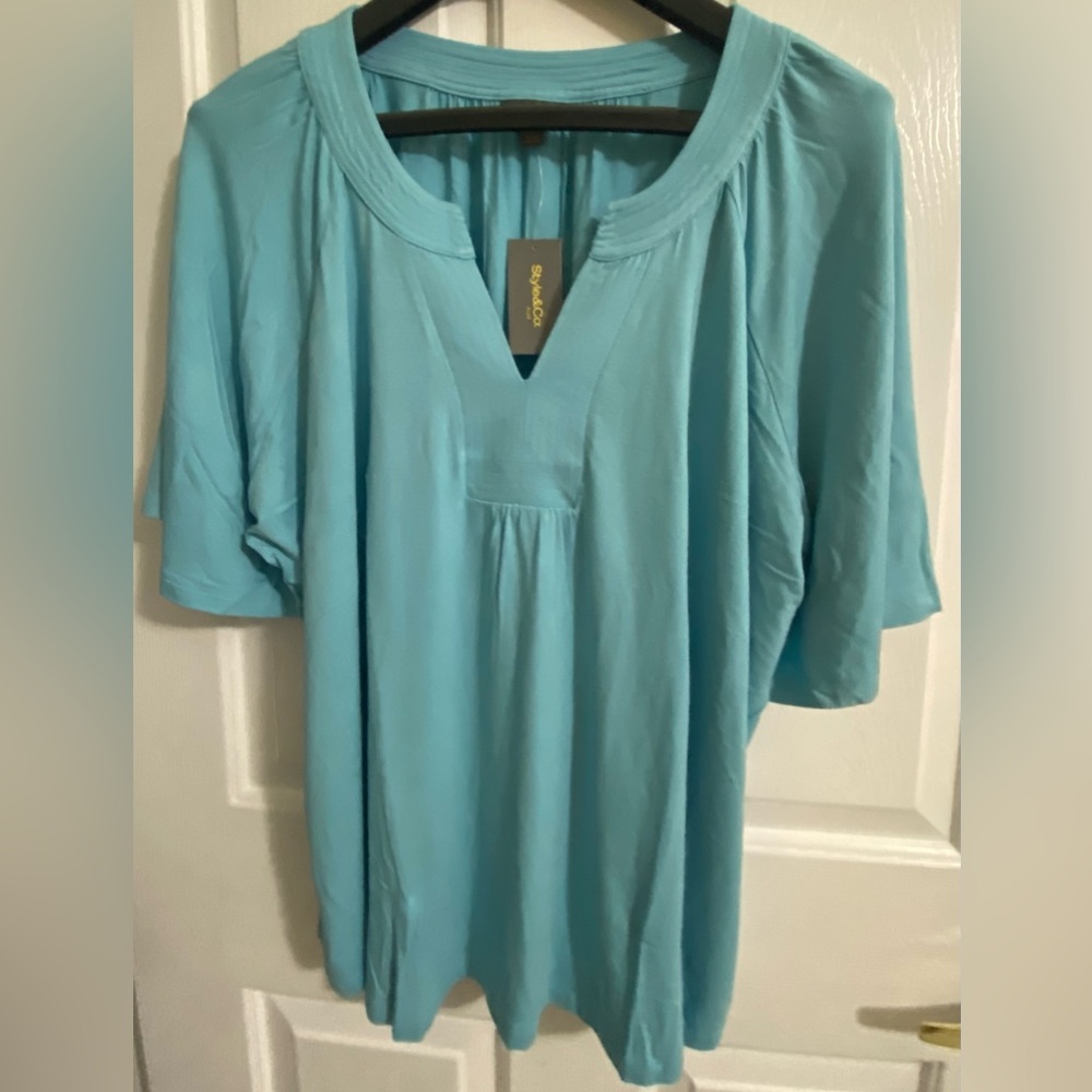 STYLE AND COMPANY Solid Blue Women's Top